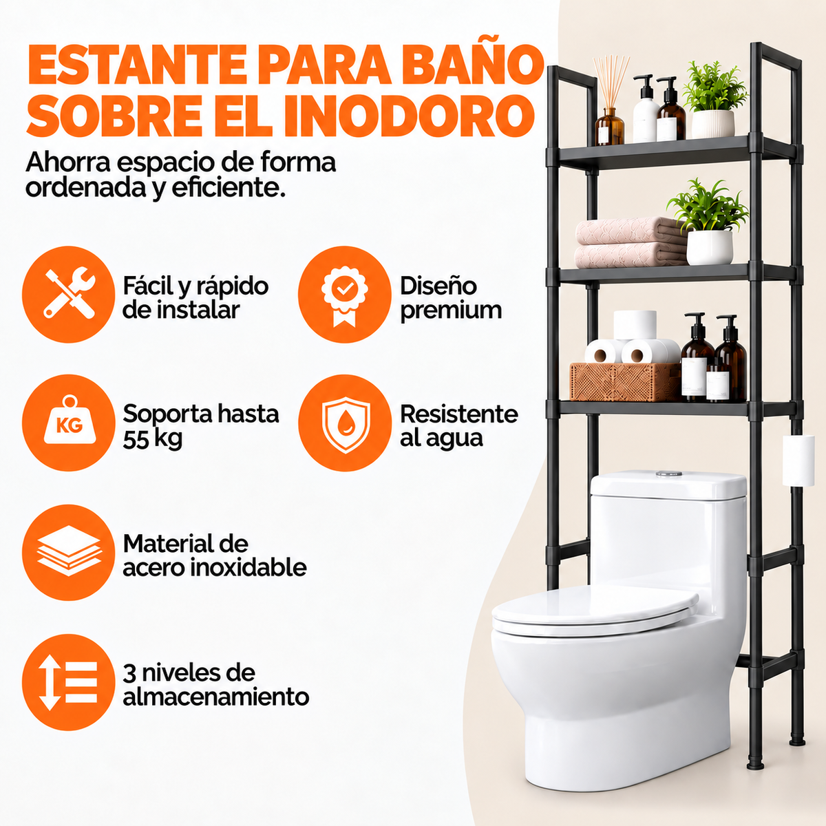 Estante Organizador Vertical para Baño de 3 Niveles – Fácil de Armar